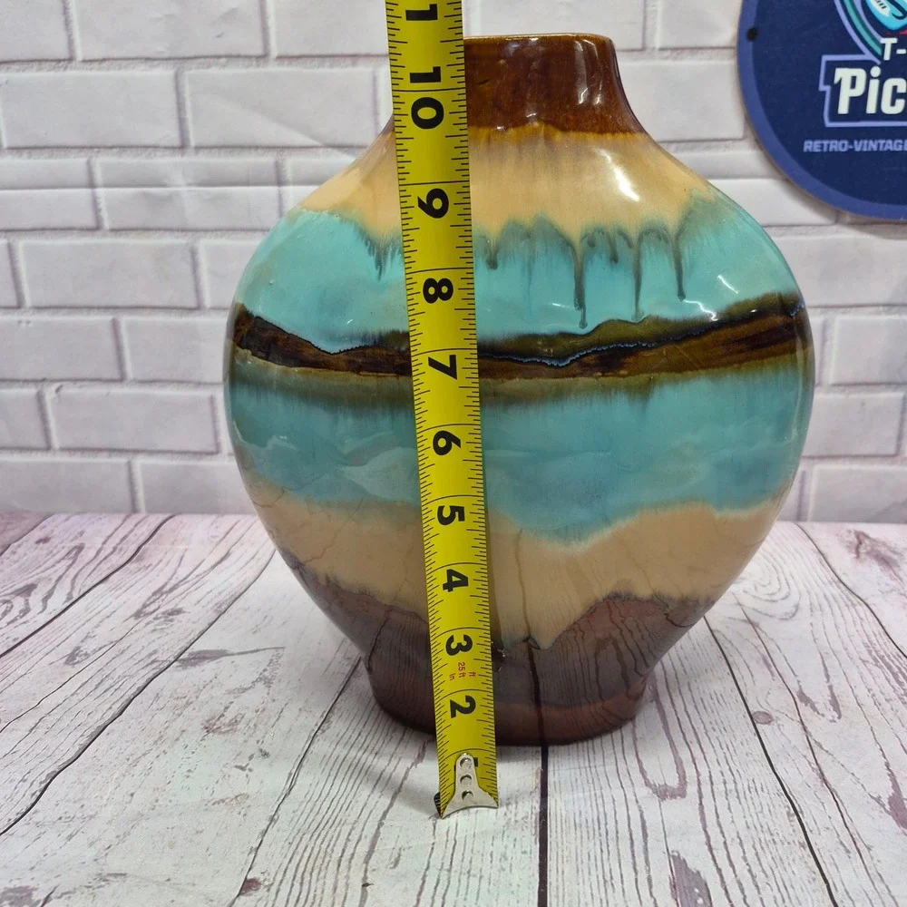 Vintage Drip Glaze Ceramic Vase Turquoise Brown Tan Bulbous Pottery Decor 10in